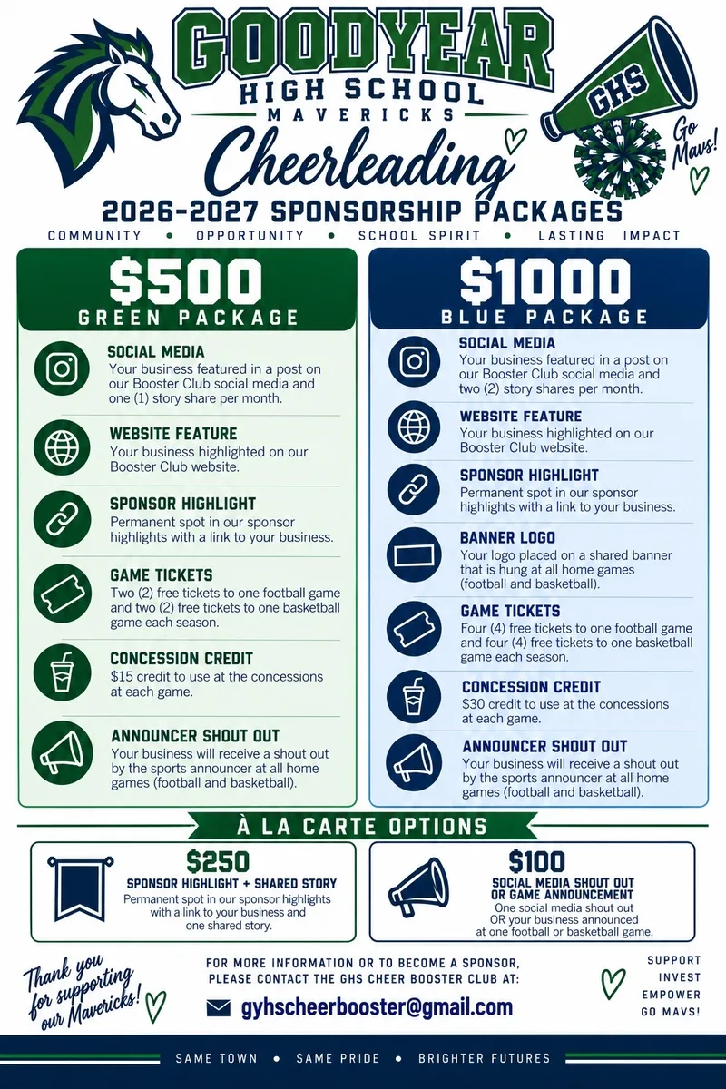 The GHS Cheer Booster Club 2026–2027 sponsorship packages flier