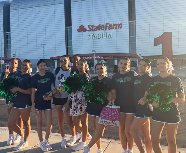 The Goodyear squad with their poms outside State Farm Stadium on the day of their first halftime show