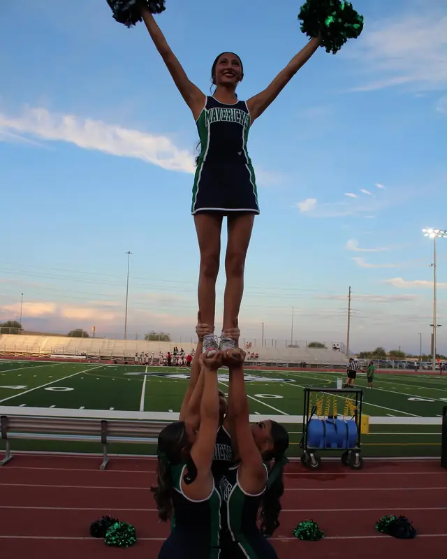 A Goodyear flyer held high with poms raised at the stadium